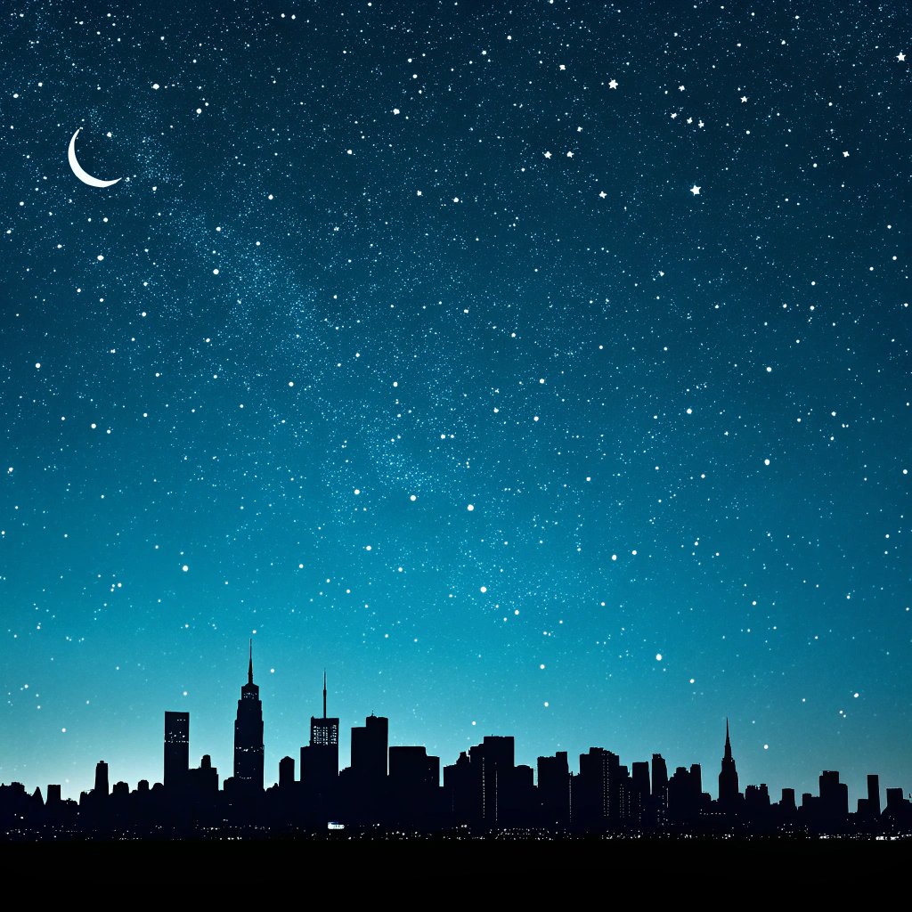 Langit malam berbintang di atas siluet kota dengan cahaya lampu jalan