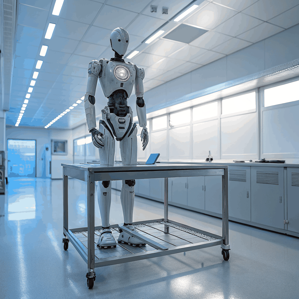 Robot humanoid dengan kulit sintetis dan ekspresi natural di laboratorium futuristik
